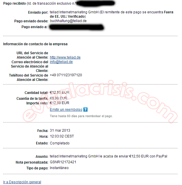 Recibido el 26º pago de Teliad por Paypal