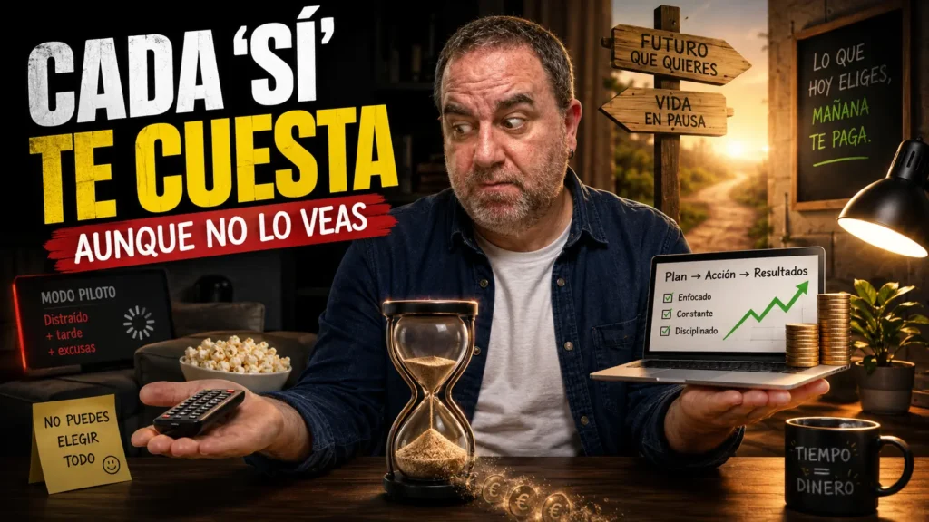 Javier Fuentes comparando dos caminos al tomar una decisión: perder tiempo en distracciones o invertirlo en acción y resultados, con un reloj de arena, dinero y señales que representan el coste de oportunidad invisible de cada elección.