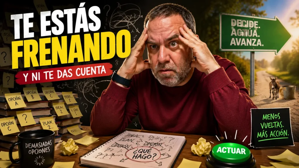 Javier Fuentes agobiado con jersey granate, rodeado de notas y opciones, sujetándose la cabeza frente a un cuaderno con dudas, mientras un gran botón verde de “Actuar” y un cartel de “Decide. Actúa. Avanza.” simbolizan cómo salir de la parálisis por análisis.