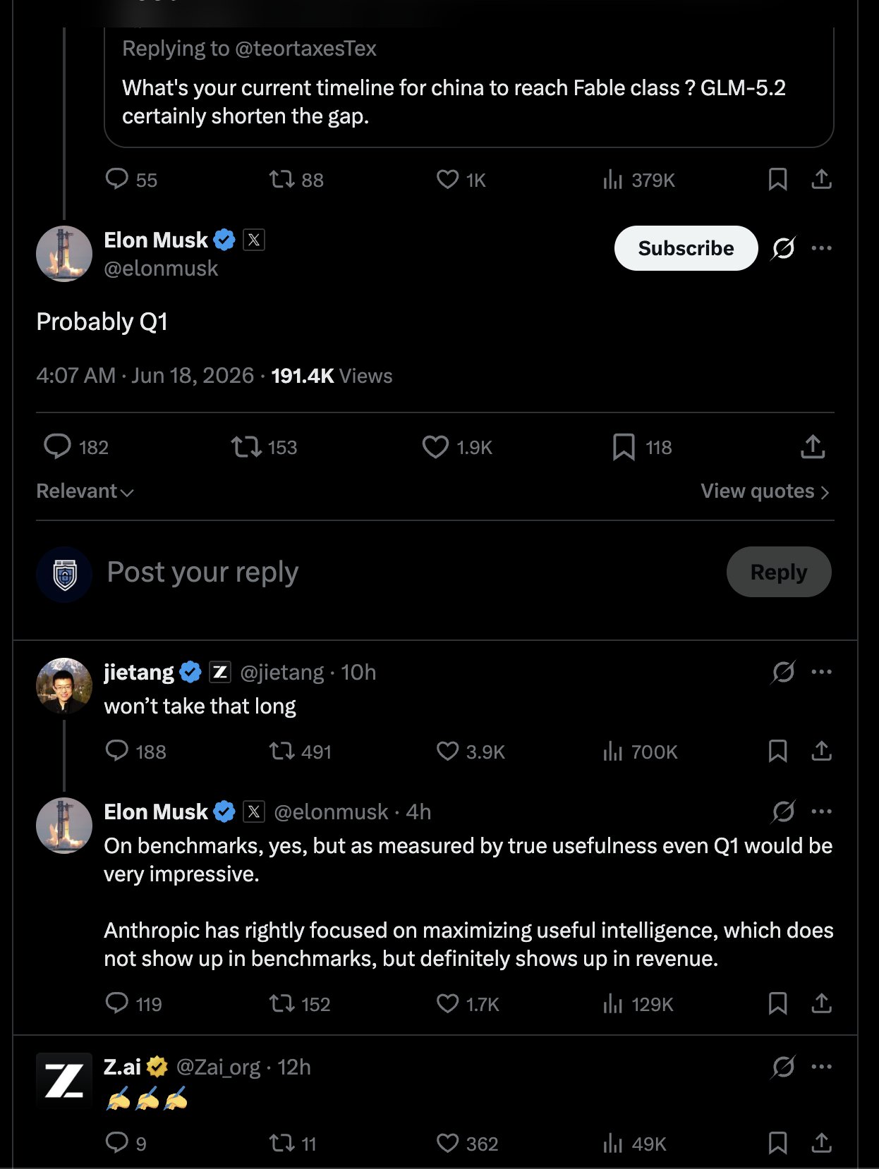Cruce de tweets entre Elon Musk y Jietang sobre GLM-5.2 y la utilidad real frente a los benchmarks