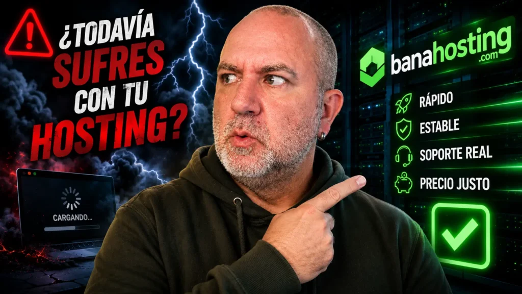 Javier Fuentes señalando una comparativa visual entre hosting lento y Banahosting, con servidores, avisos de carga lenta y mensajes de rapidez, estabilidad y soporte real para ilustrar una opinión tras 19 años usando el servicio.