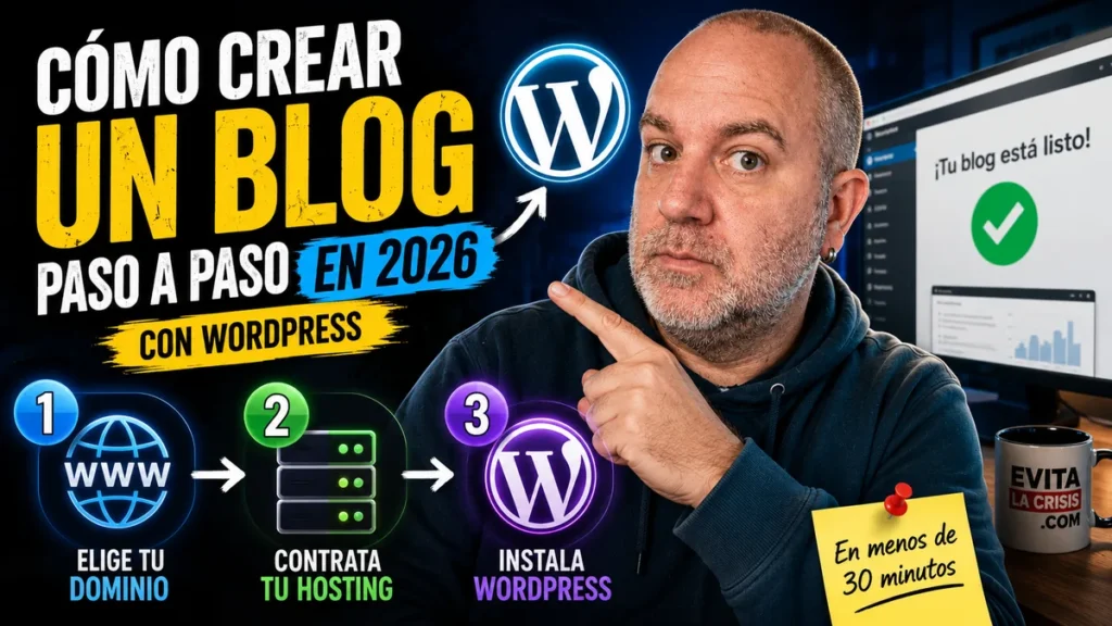 Javier Fuentes señalando una guía visual para crear un blog con WordPress en 2026, con pasos básicos como elegir dominio, contratar hosting e instalar WordPress en menos de 30 minutos.