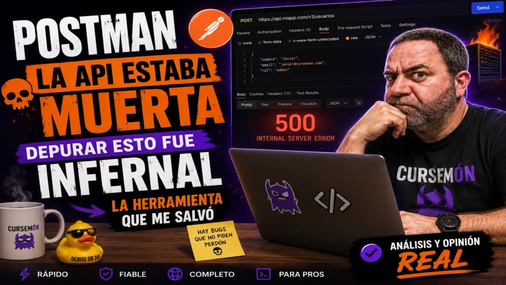 Javier Fuentes usando Postman para depurar errores de API Testing con un error 500 en pantalla