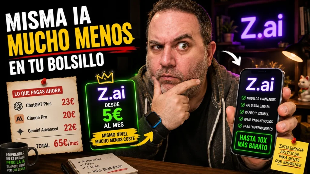 Javier Fuentes comparando el coste mensual de herramientas de inteligencia artificial populares con Z.ai, presentado como una alternativa potente y más barata para emprendedores que quieren usar IA sin disparar sus gastos.